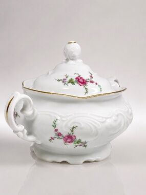 Vintage 1900 Poland Kent Covered Sugar Bowl Tea Pot Pink Rose & Gold Trim Patter